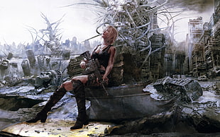 female character holding rifle digital wallpaper