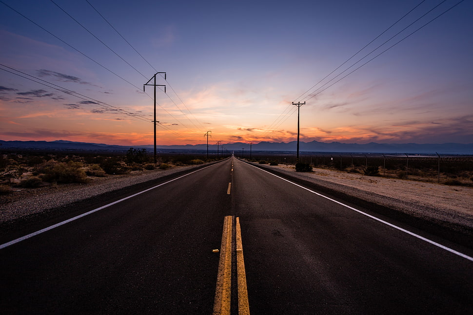 concrete road, road, sunset, desert, clouds HD wallpaper