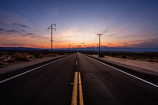 concrete road, road, sunset, desert, clouds