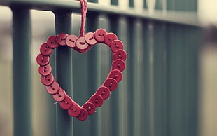 selective focus photography of red heart ornament hanged on gray metal gate
