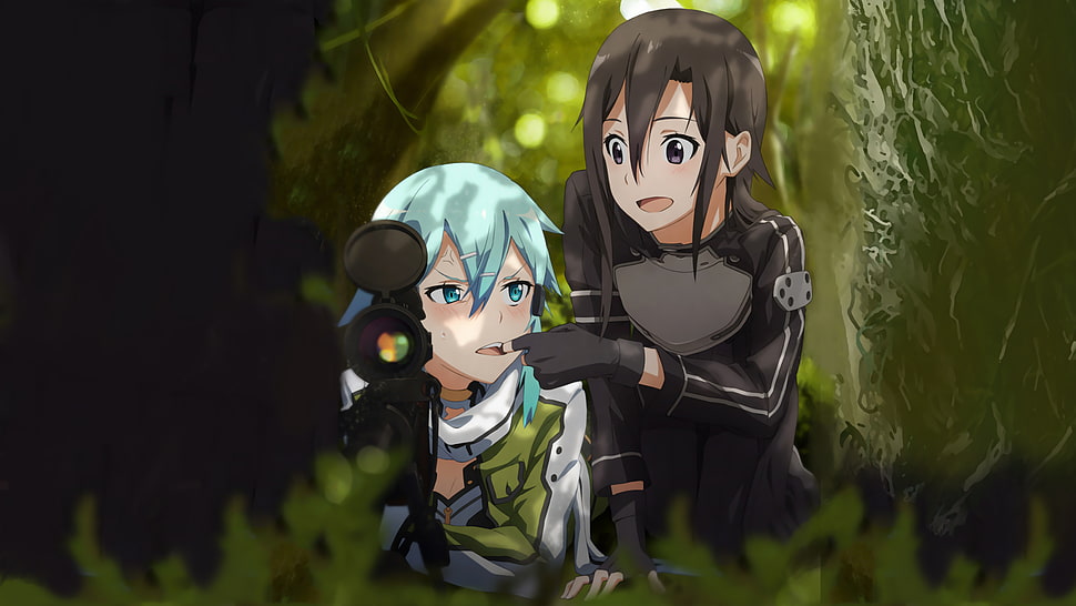 two female anime characters illustration, manga, Sword Art Online, Asada Shino, Kirigaya Kazuto HD wallpaper