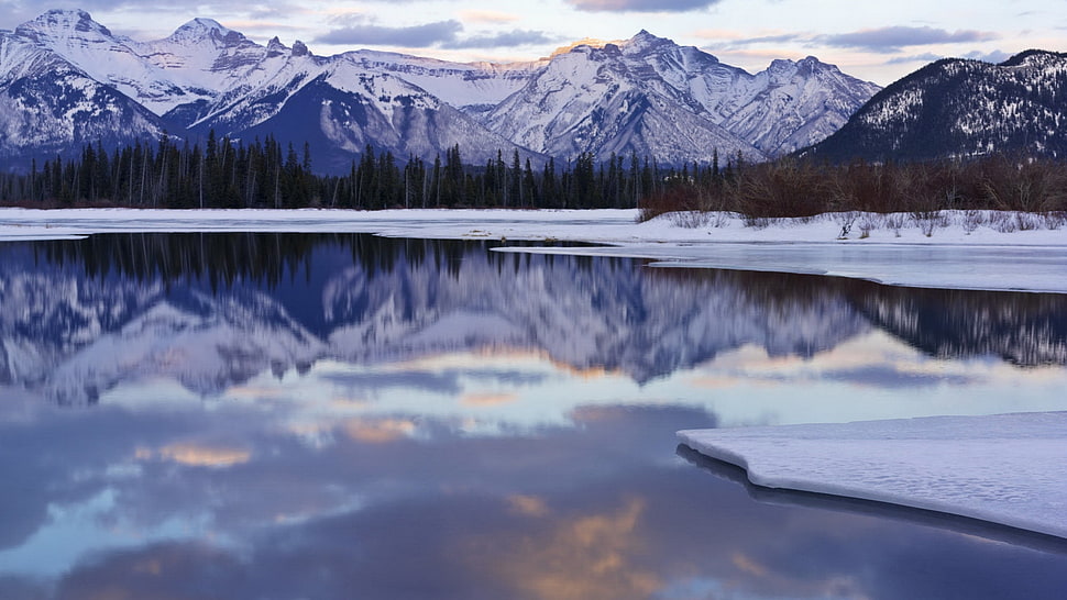 frosted lake beside hills HD wallpaper