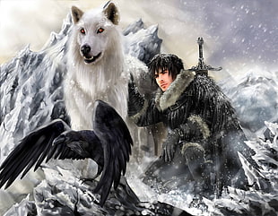 man wearing coat with sword and white Husky game poster HD wallpaper