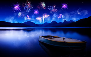 brown rowboat on sea with fireworks