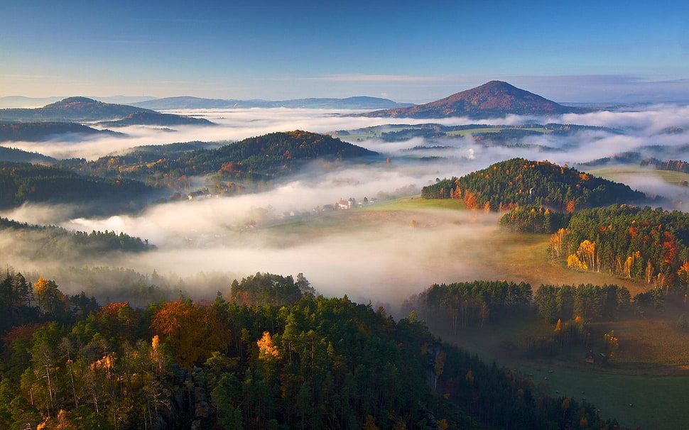 green mountain, nature, landscape, mist, fall HD wallpaper