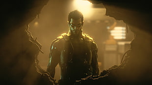 man in black suit standing in building hole, Deus Ex: Human Revolution, Deus Ex, cyberpunk, video games