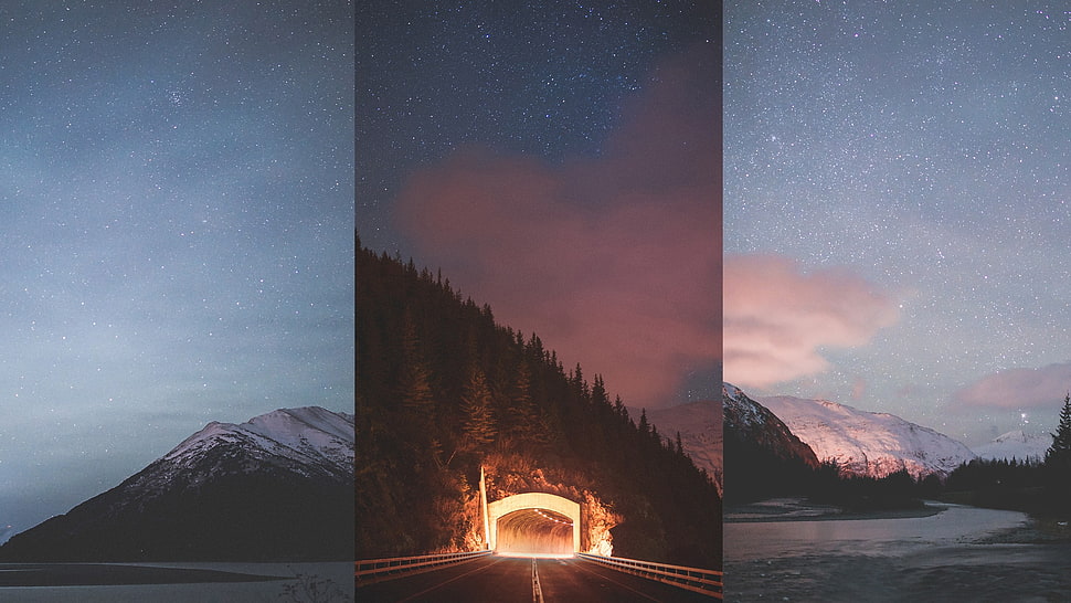lighted tunnel, mountains, tunnel HD wallpaper