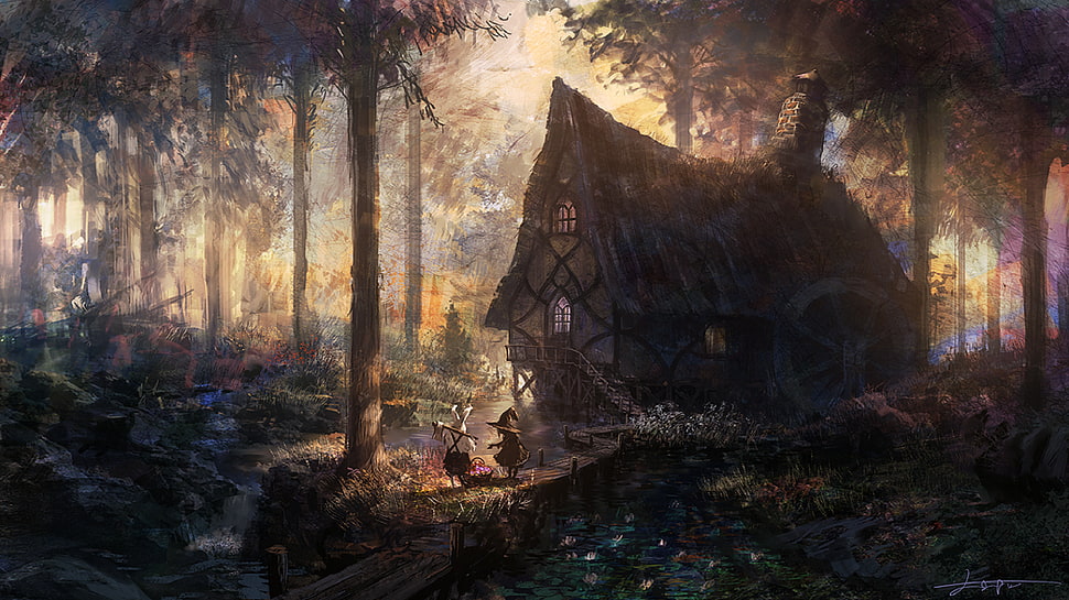 brown house illustration, house, forest, river, trees HD wallpaper