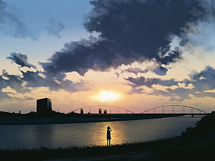 black and white boat on body of water, anime, sunset, sky, clouds