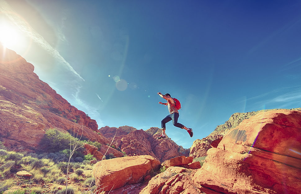 man, person, jumping, desert HD wallpaper