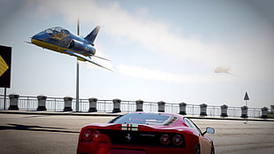 red Ferrari vehicle, jet fighter, Ferrari Challenge Stradale, Ferrari, Forza Horizon 2