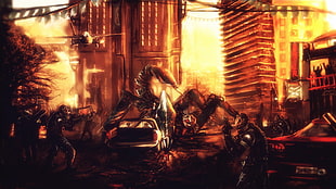 video game screenshot, war, warrior, gun, cityscape