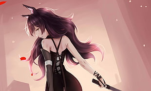 photography of female anime character with purple hair and black dress