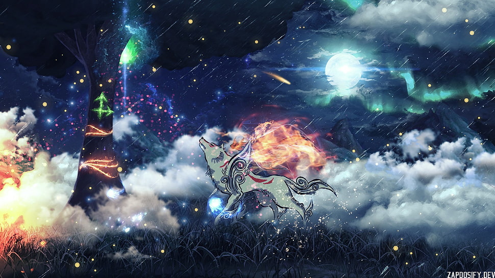 animated wolf illustration, artwork, wolf, Moon, aurorae HD wallpaper