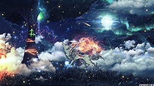 animated wolf illustration, artwork, wolf, Moon, aurorae