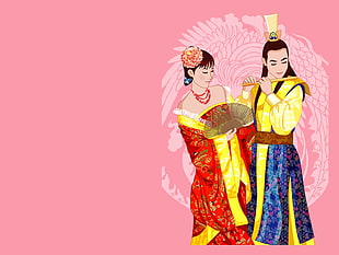 woman in red traditional dress and man in yellow traditional clothes illustration