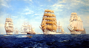 ship sailing in the middle of sea, sailing ship, sea, artwork, ship