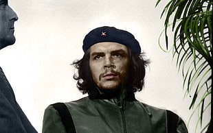 men's gray zip-up top, Che Guevara, colorized photos, hat, beards