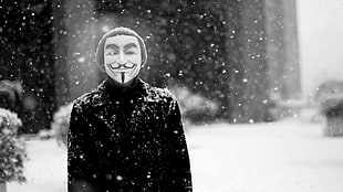 men's coat, Anonymous, snow, monochrome, Guy Fawkes mask HD wallpaper