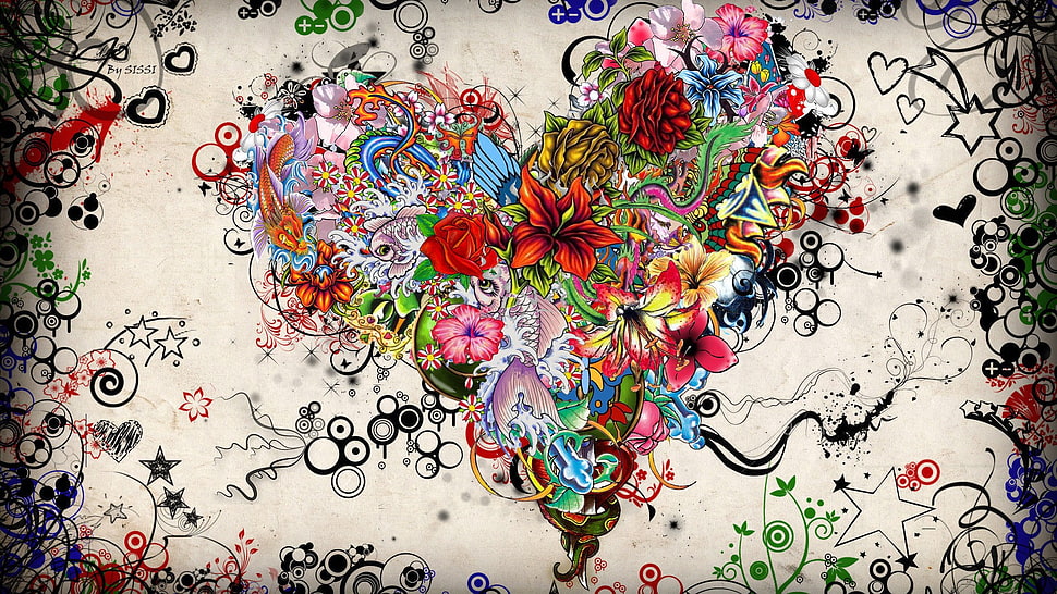multicolored floral heart artwork HD wallpaper