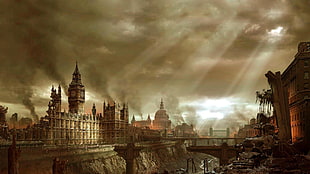 post-apocalyptic artwork of London, apocalyptic, city, building, ruin HD wallpaper