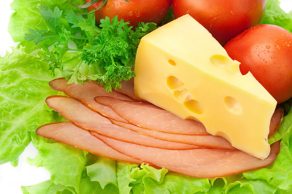 slice of cheese and red tomatoes HD wallpaper