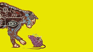 cat and mouse illustration, cat, gears, artwork, digital art HD wallpaper