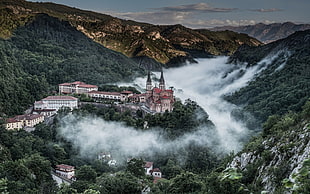 white and brown mansion, landscape, castle, clouds, Covadonga HD wallpaper