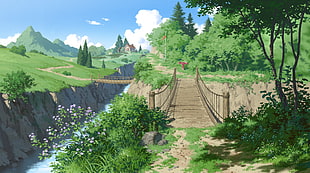 bridge near mountain range painting, nature, digital art, forest, trees