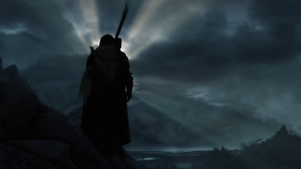 silhouette photo of man with weapon digital wallpaper, video games, landscape, The Elder Scrolls V: Skyrim HD wallpaper
