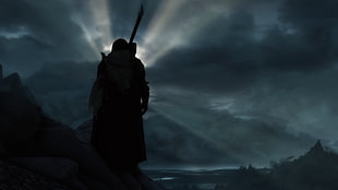 silhouette photo of man with weapon digital wallpaper, video games, landscape, The Elder Scrolls V: Skyrim