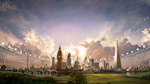 London landmarks digital artwork, stadium, architecture, clouds, digital art
