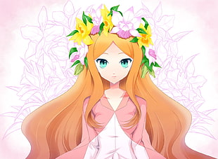 orange haired female anime character with flower headdress