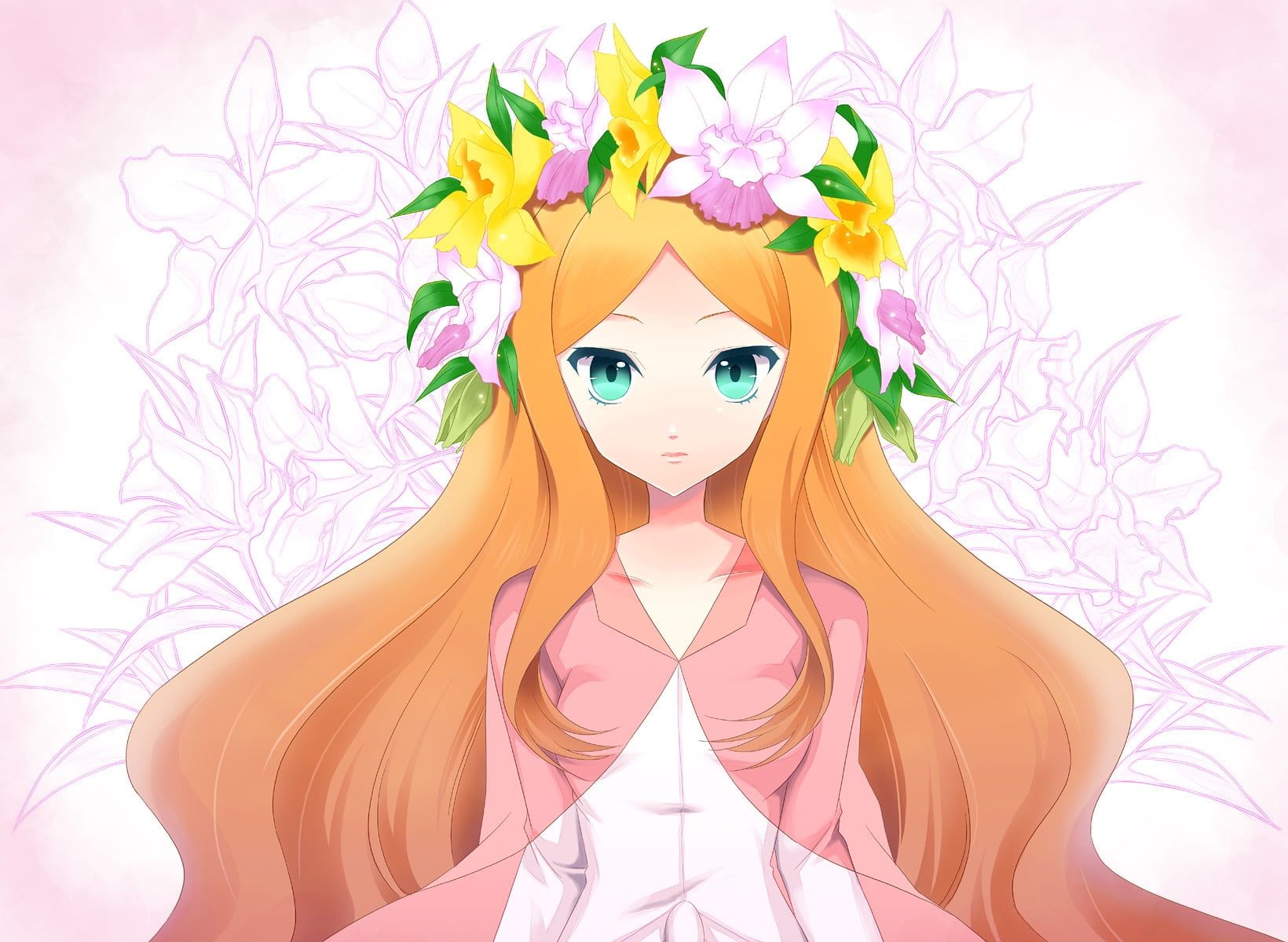 Orange haired female anime character with flower headdress HD wallpaper |  Wallpaper Flare