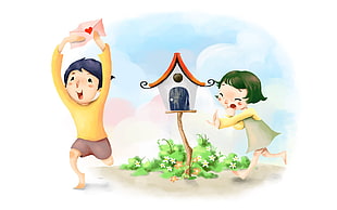 boy and girl and mailbox illustration HD wallpaper