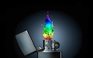 blue, green, and red glass table lamp, photo manipulation, colorful, dark, fire