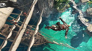 photo of man flying down to sailing ship digital wallpaper