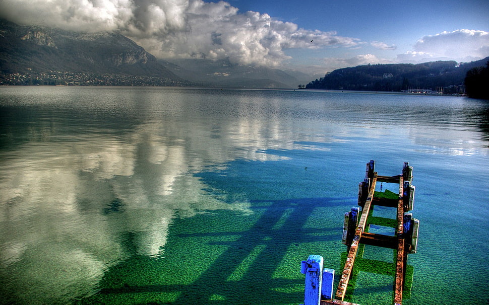 brown wooden dock, landscape, lake, sea HD wallpaper