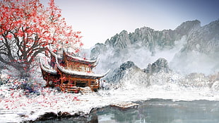brown pagoda under red cherry blossom near body of water painting