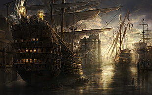 galleon ship illustration, sea, old ship, fantasy art, artwork