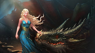game poster, digital art, fantasy art, women, dragon