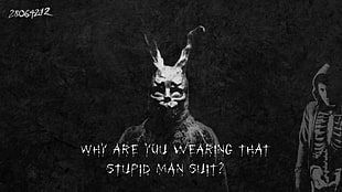 rabbit mask with text overlay, Donnie Darko, questions HD wallpaper