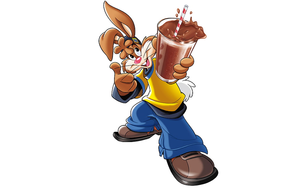 brown bunny holding glass full of chocolate drink illustration HD wallpaper