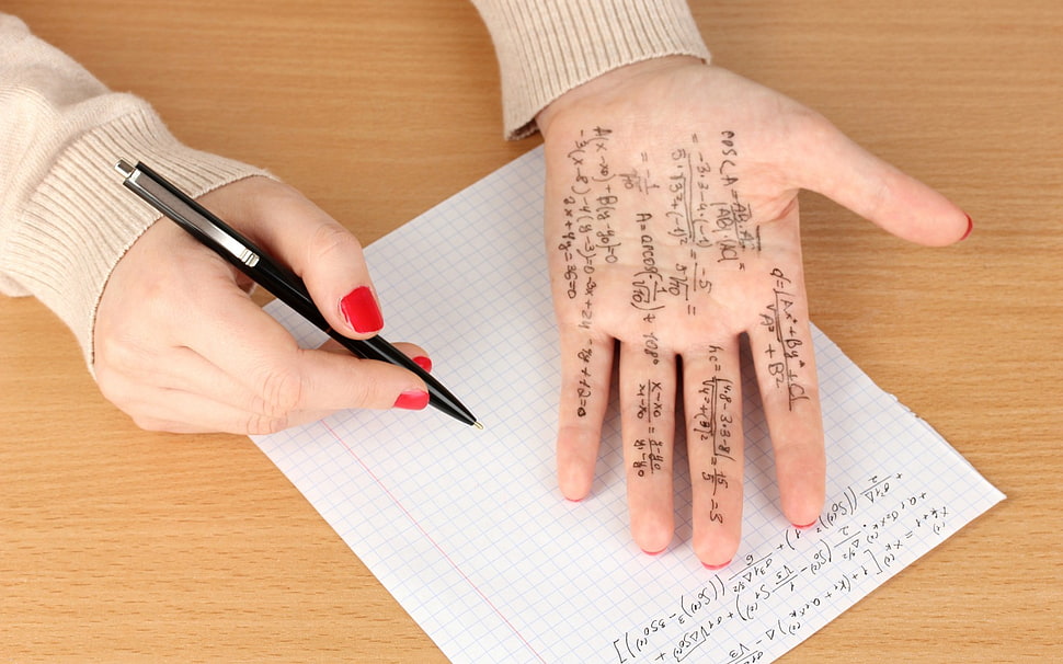 black retractable pen, mathematics, formula, hands HD wallpaper
