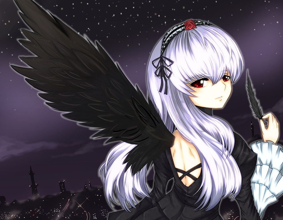 white haired female anime character with wings HD wallpaper