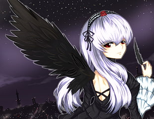 white haired female anime character with wings