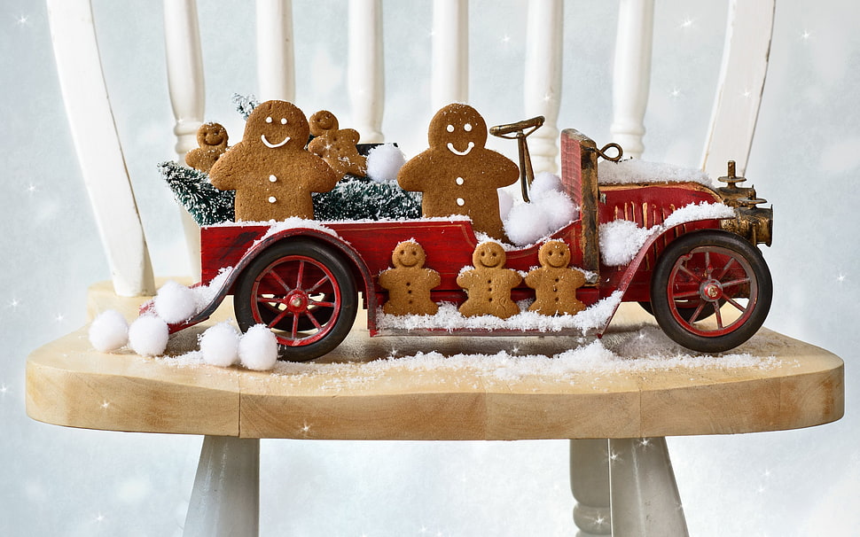 red vintage car decor with gingerbreads, New Year, snow, gingerbread, chair HD wallpaper