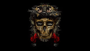 brown, red, and black skull with rose and guns artwork HD wallpaper