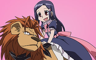 black haired girl anime riding on lion