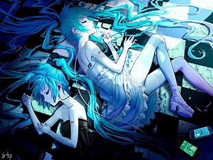 two blue-haired female anime characters illustrations, Hatsune Miku